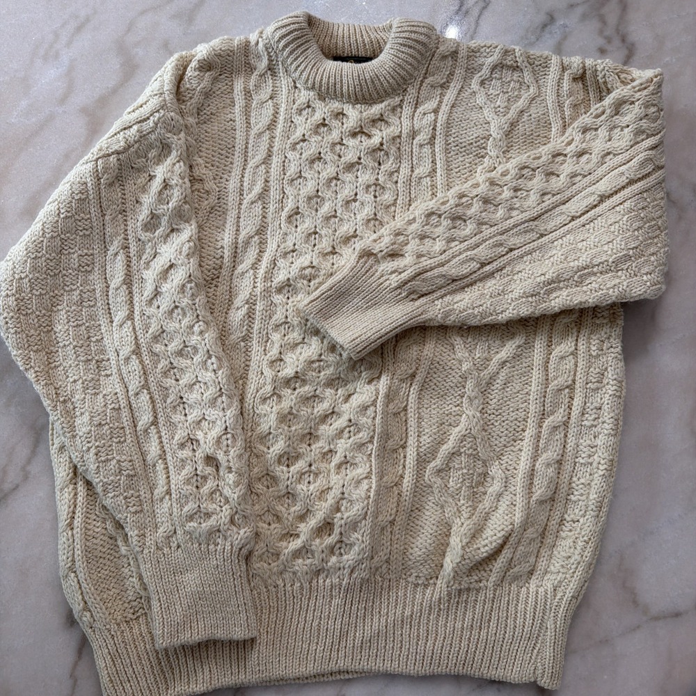Vintage Latchfords Ireland Aran Fisherman Sweater Mens L Wool Cable Knit Cream